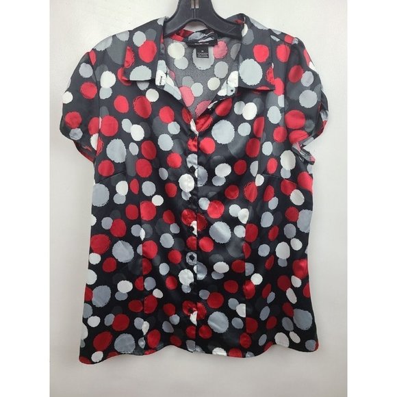 Style&co. Tops - 𝅺style&co. Black Red Polka Dot Silky Satin Puff Sleeve Blouse Top Size 16